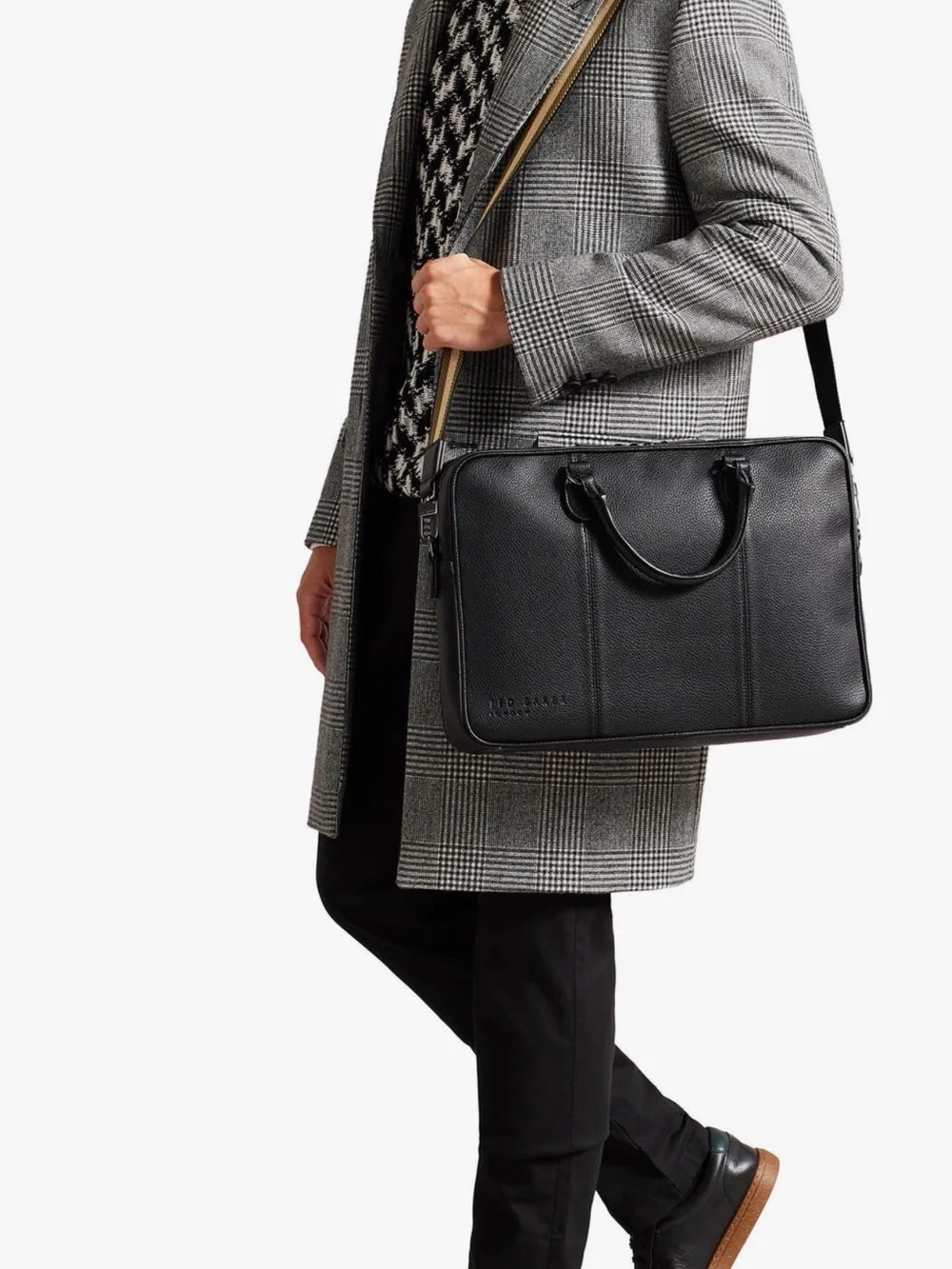 Ted Baker Black Leather Laptop Briefcase with Striped Shoulder Strap